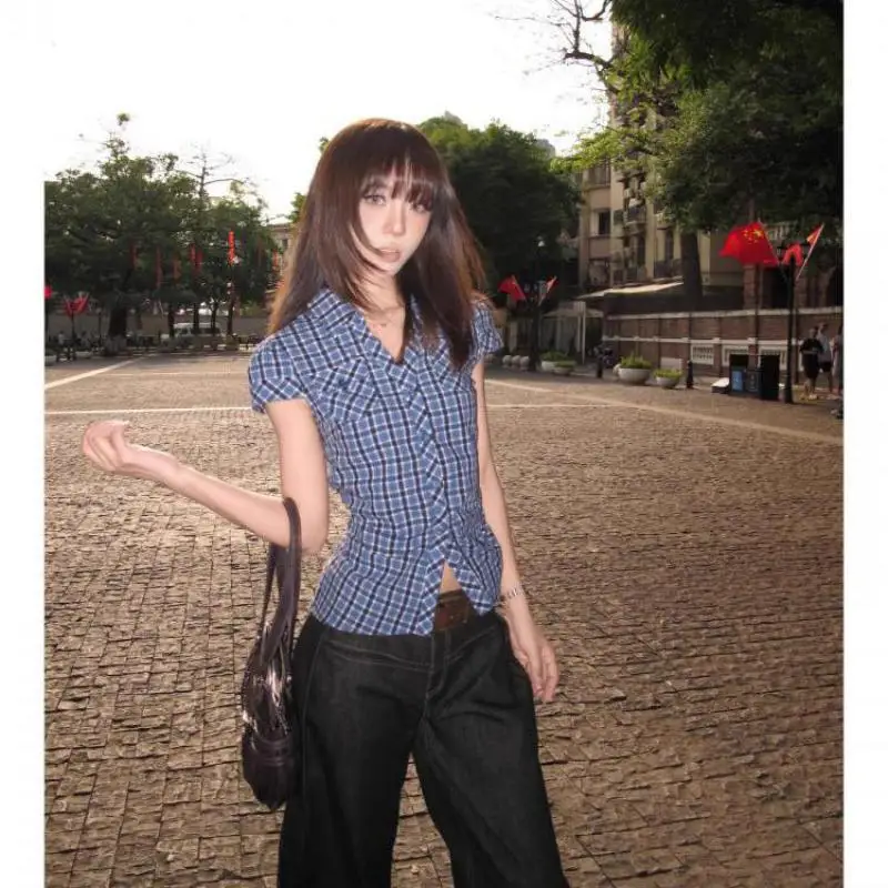 Seeslim Hotsweet bleu Plaid col rabattu chemise femme boutonné 2025 été hauts à manches courtes Blouse Vintage coréen Y2K