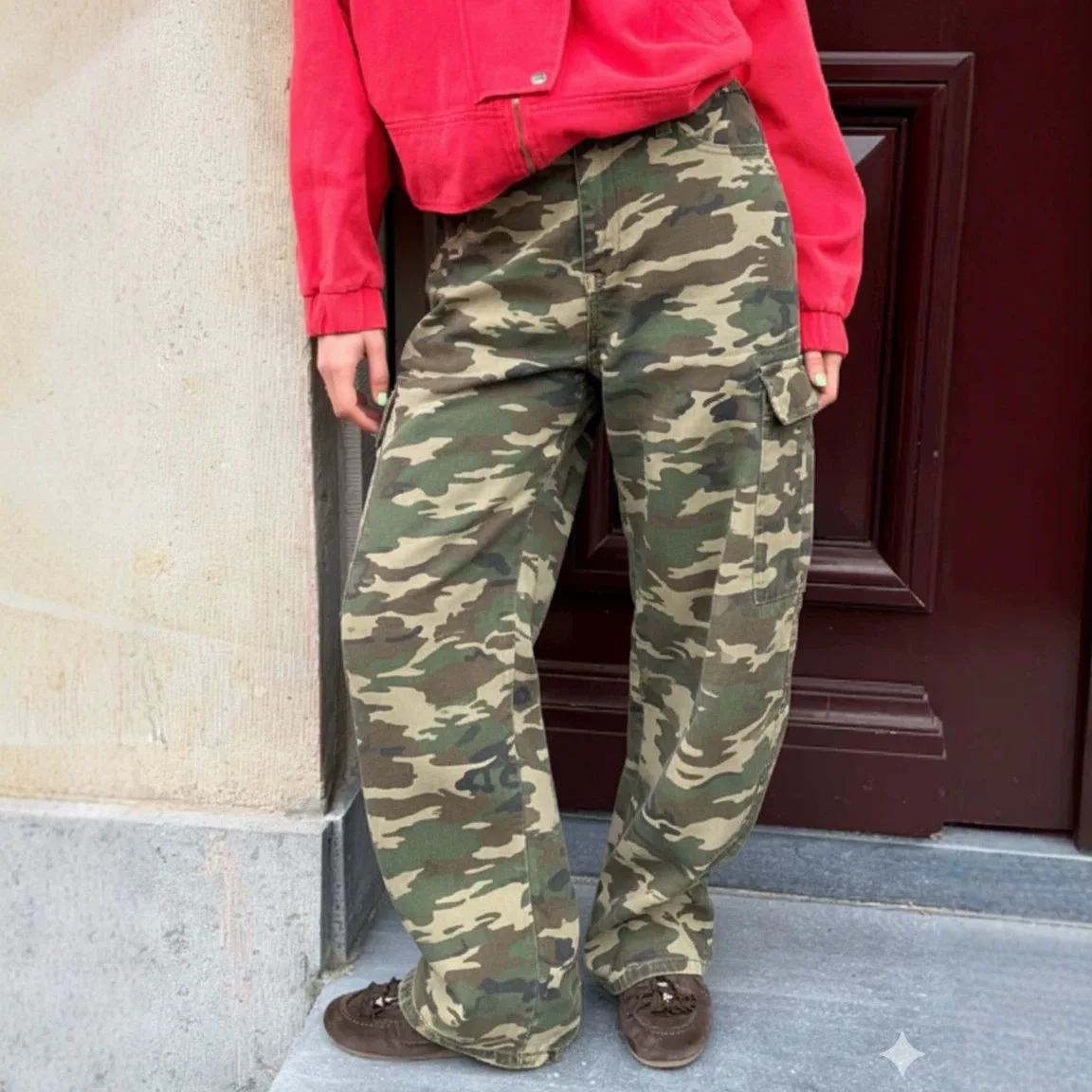 New American High Street Hip-hop Green Camouflage Tooling Loose Cargo Women's Jeans Pants