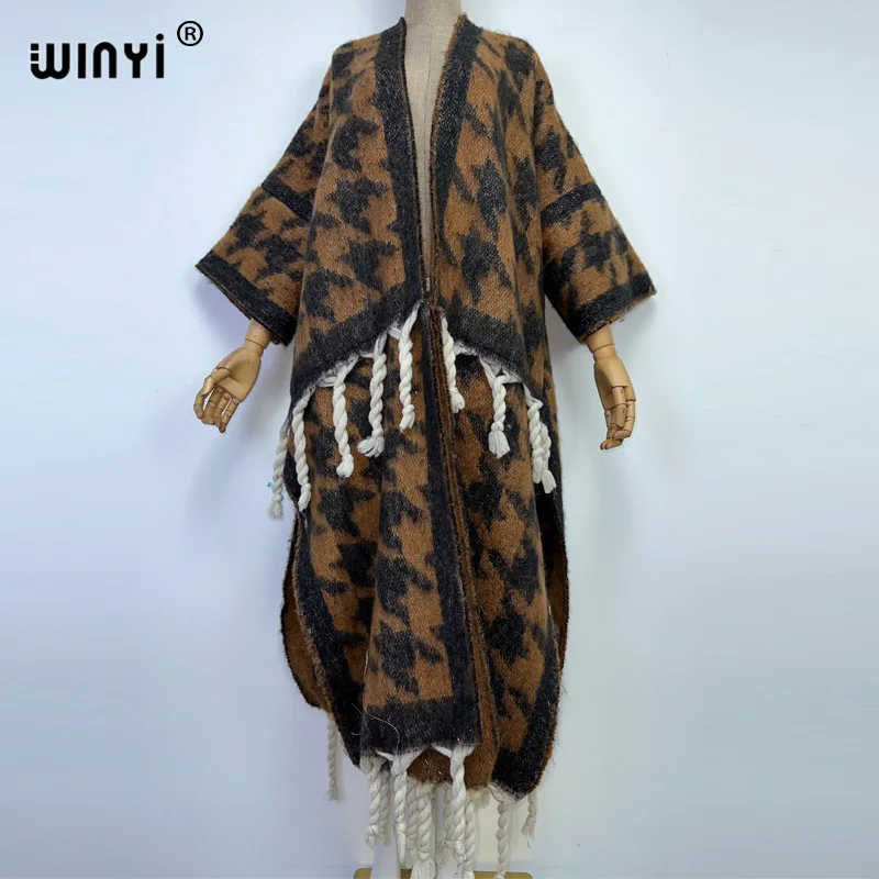 WINYI Winter Women tassel personality fashion printing Cardigan coat Loose dress Thick Warm Women Warm Coat Outwears cloak