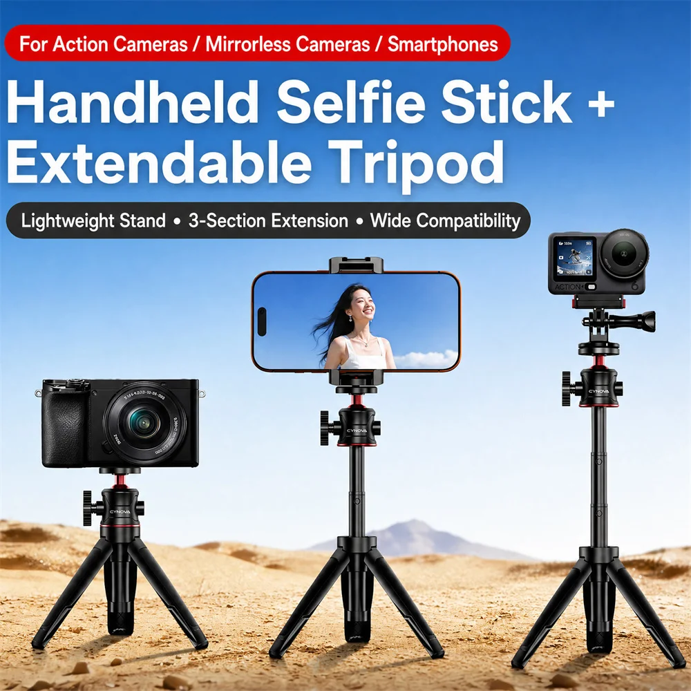 Mini Trípode Extensible con Clip para Teléfono de 1/4'', Trípode de Escritorio de 3 Etapas para GoPro, Cámara de Acción DJI, iPhone, Vlog, Selfie Stick
