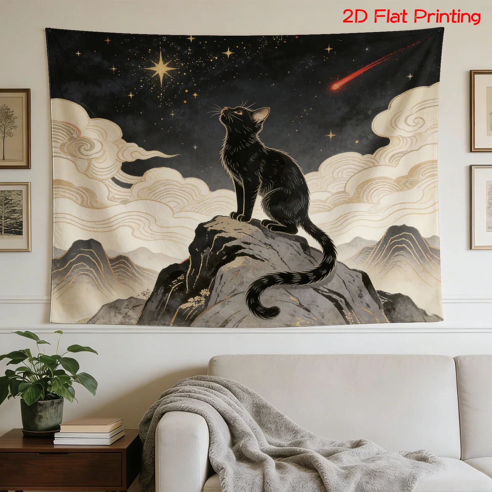 Fantasy Cat Night Sky Tapestry Wall Hanging Black Cat Art Galaxy Stellar Mountain Landscape Polyester Print Boho Room Decor