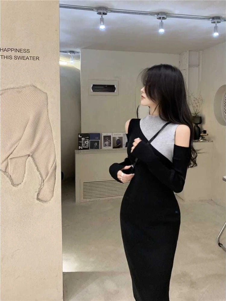 Colorblock Knit Turtleneck Women\'s Dresses Over The Shoulder Female Dress Crochet New Features of Luxury Beach Cotton Clothing