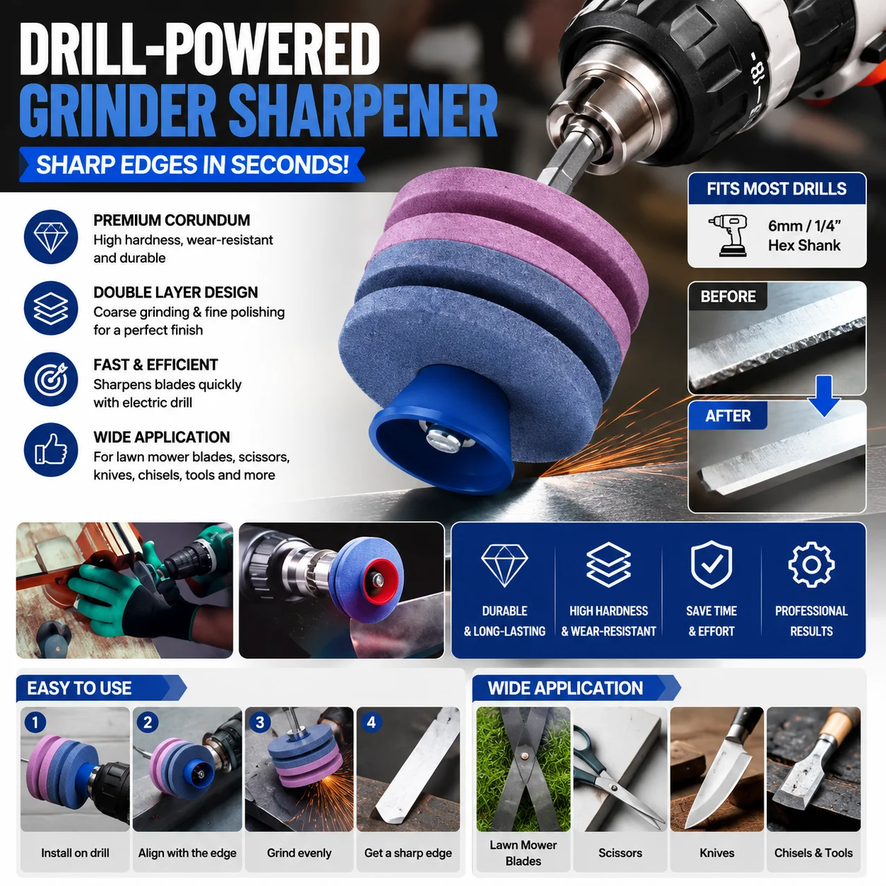 Universal Lawn Mower Blade Sharpener Drill Attachment Fast Double Layer Grinding Wheel Tool