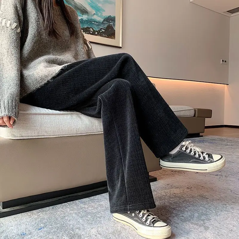 High-waisted Straight Pants 2024 Autumn/Winter New Women's Pants Loose Drape Wide-leg Fleece Lined Black Simple Pants