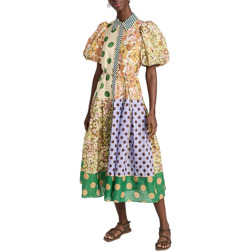 Vestido boho estampado floral feminino, vestidos de verão, manga folhada, balanço da cintura, férias de praia, 2024