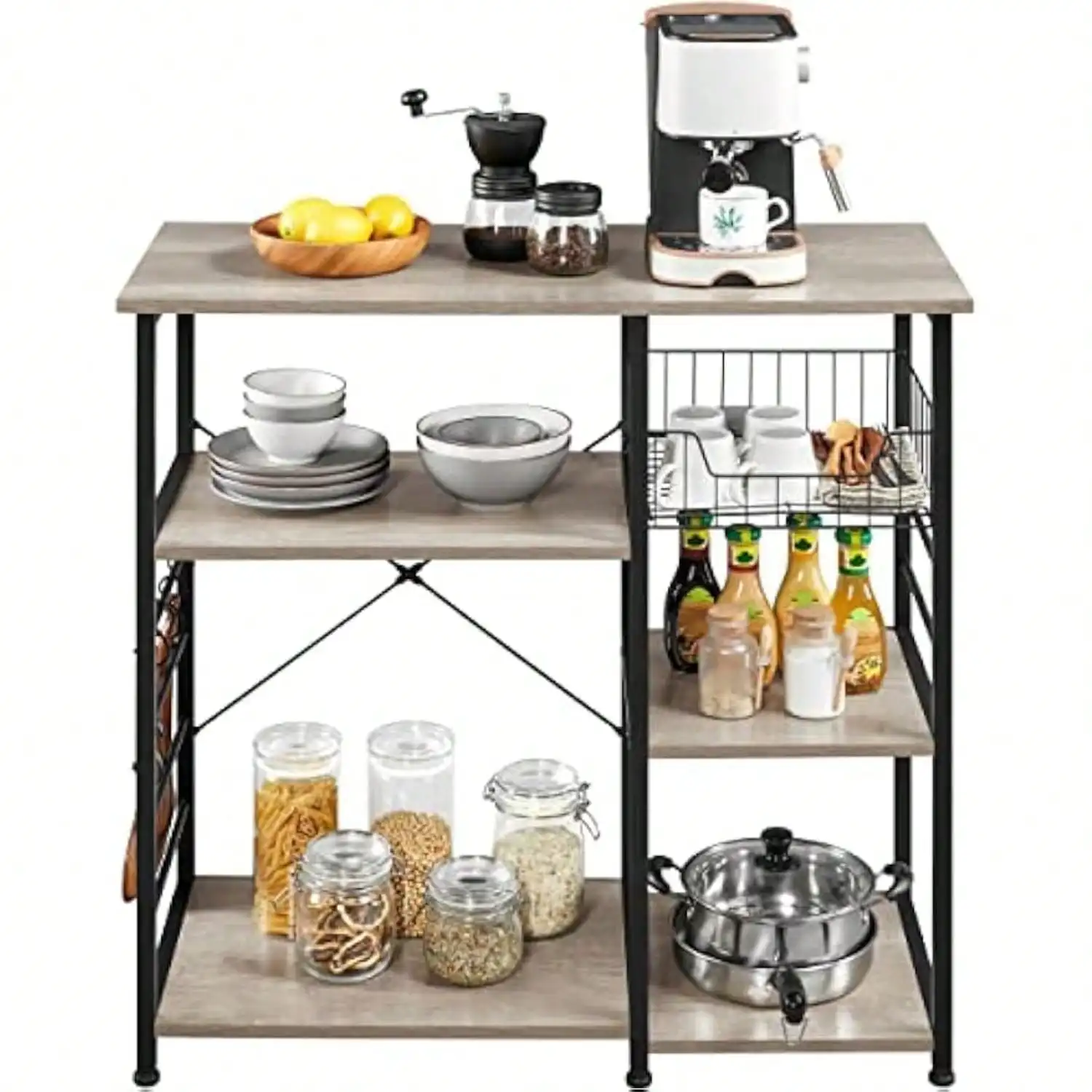 

4-Tiers Stationary Utility Storage Shelf Industrial Bakers Rack Coffee Bar Open Storage 6 S-Shaped Si Hooks Microwave Rack