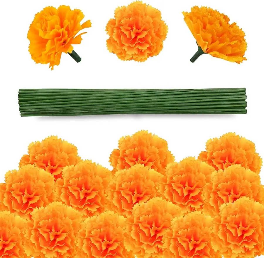 

80 Pcs Artificial Marigold Flowers,2" Silk Marigold Flower Heads with Stems,Orange Flowers Artificial for Diwali Decor,Indian We