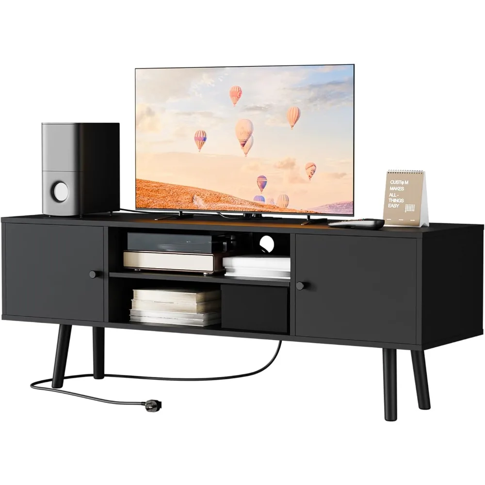 

Black TV Stands for Living Room Up to 48"-55", Mid-Century Modern Media Console, Entertainment Center with 2 Cabinets, Adjustab