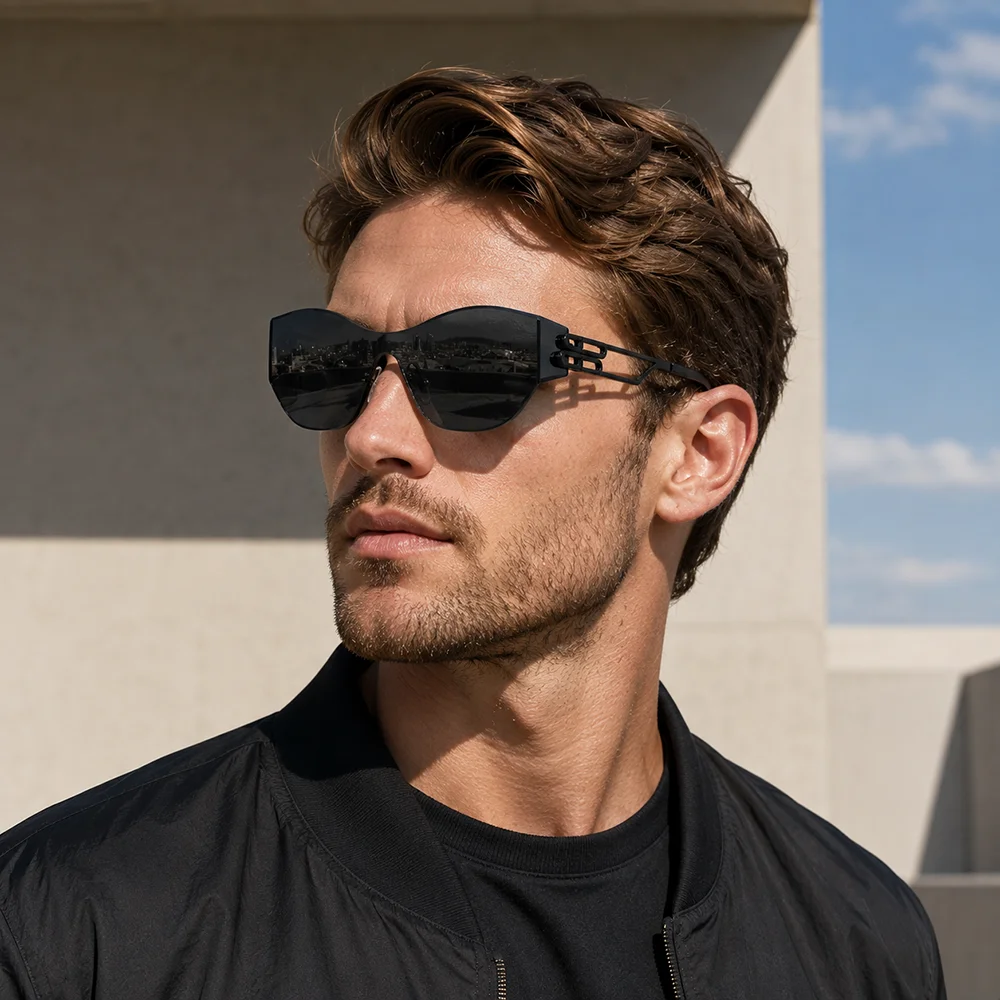 Unisex Rimless Sunglasses Retro One-Piece Lens Metal Frame Fashion Eyewear for Travel Streetwear Outdoor