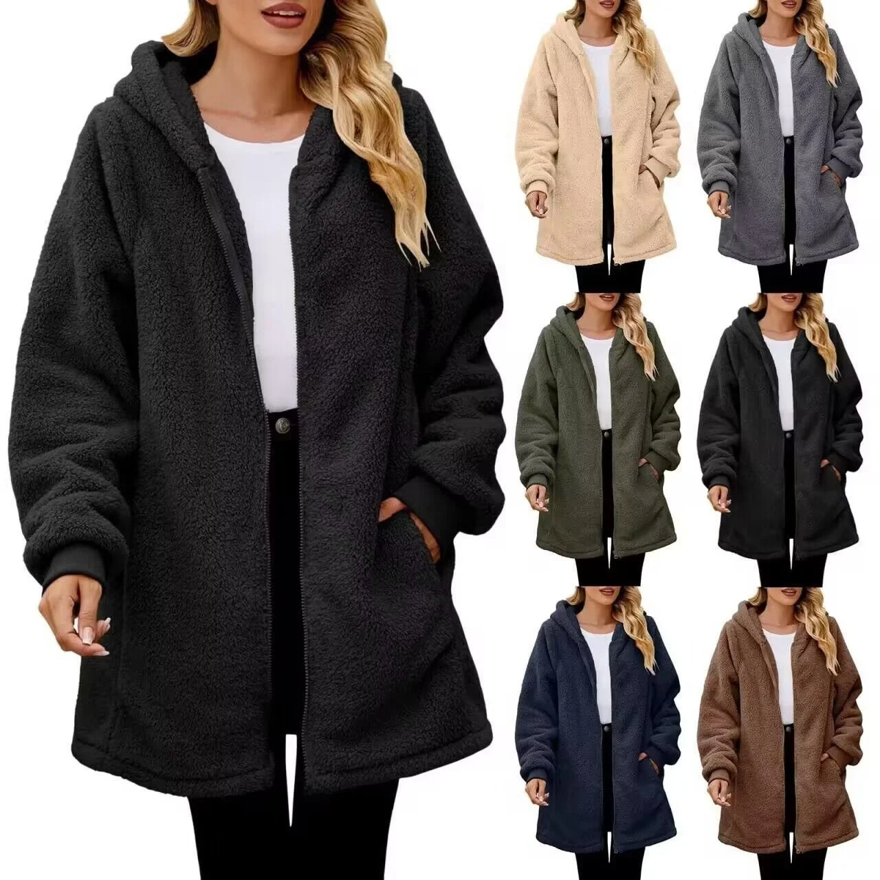 

Winter 2025 Women's Loose Long Sve Hooded Zipper Cardigan Plu Independent Station Faion Outerwear Woolen Coat