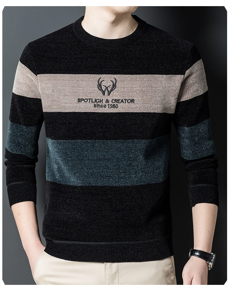 

Мужской свитер с круглым вырезом, зимний флисовый и утолщенный вязаный свитер, теплый топ, рубашка на основе синели.