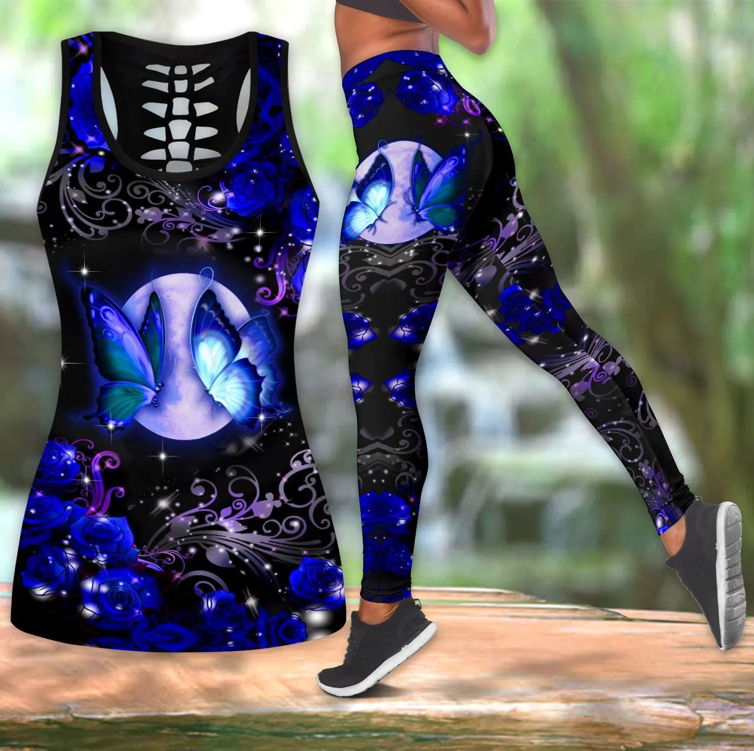 PLstar Cosmos Butterfly 3D-gedrucktes hohles Tanktop und Leggings-Set für Damen in voller Länge, Fitness, Yoga, Laufhose KBX04