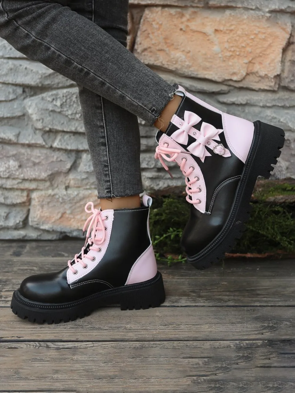 Süße Rosa Schleifenknoten-Stiefeletten in Mischfarben für Damen, Herbst 2026, mit Dicker Sohle, Schnürung, Candy-Punk-Stil und Metalldekoration, Größe 42 – Detail 27