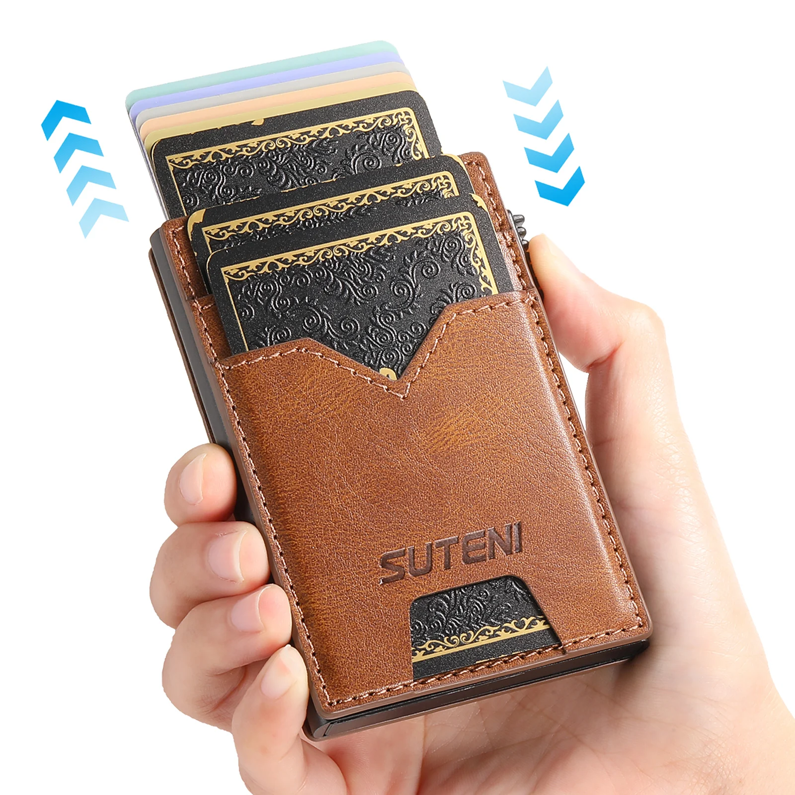 SUTENI Card Slot Wallet  Faux Leather Card Box Pressing The Button Automatically Ejects The Card