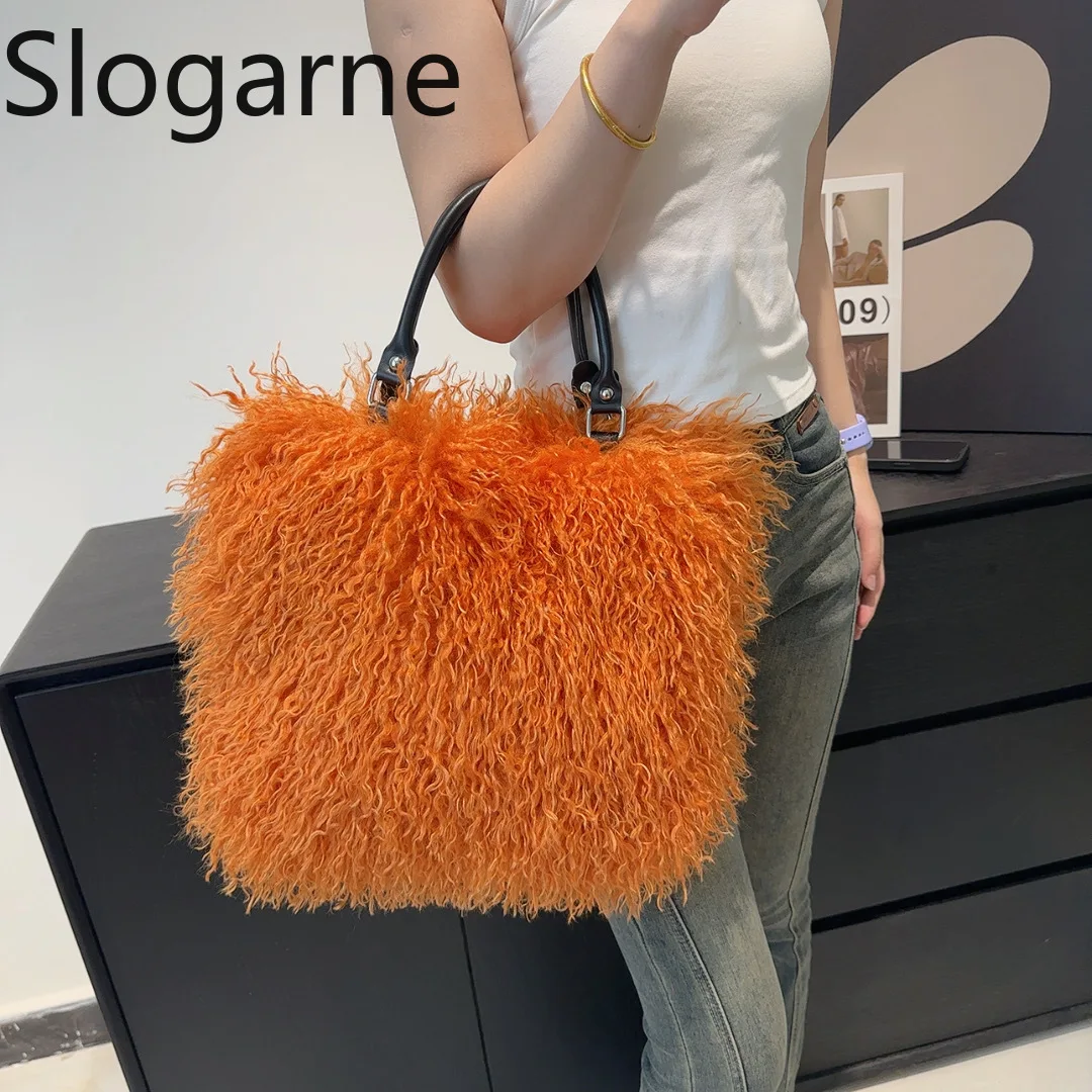 Tas Tangan Bulu Seksi Wanita 2026 Hadiah Tahun Baru Tas Tote Bulu Mongolia Fashion Wanita Tas Selempang Bulu Mewah Musim Dingin