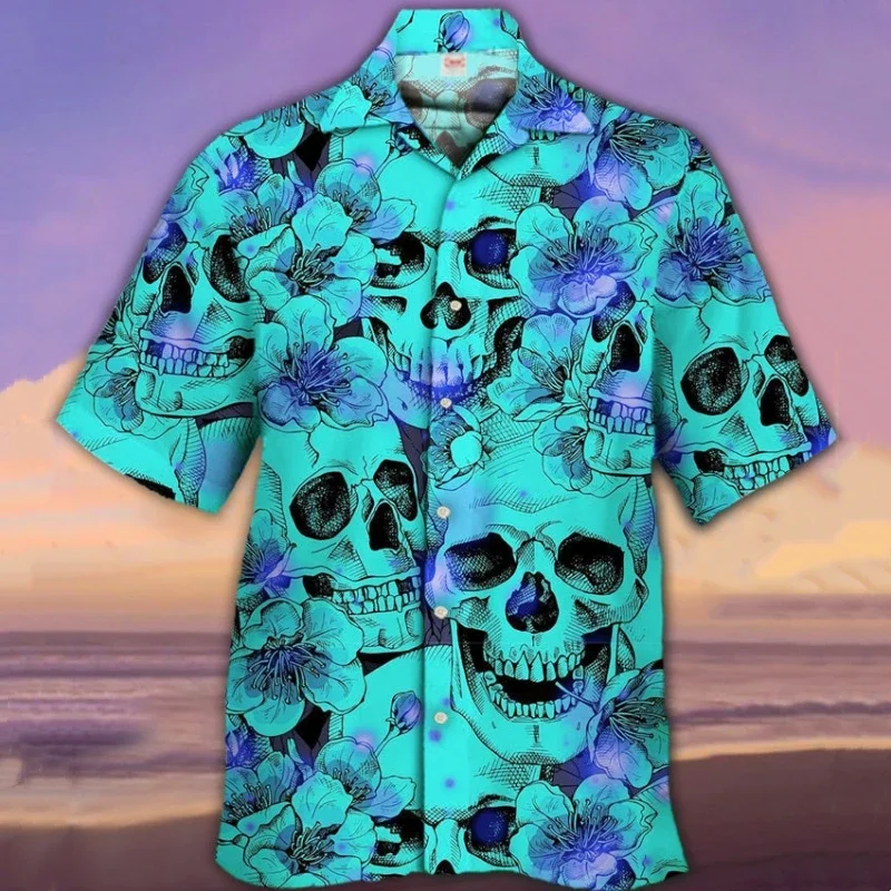 

Мужская рубашка в гавайском стиле с 3D принтом черепа 2025 года, модная и повседневная, кубинская рубашка с лацканами, топ с короткими рукавами