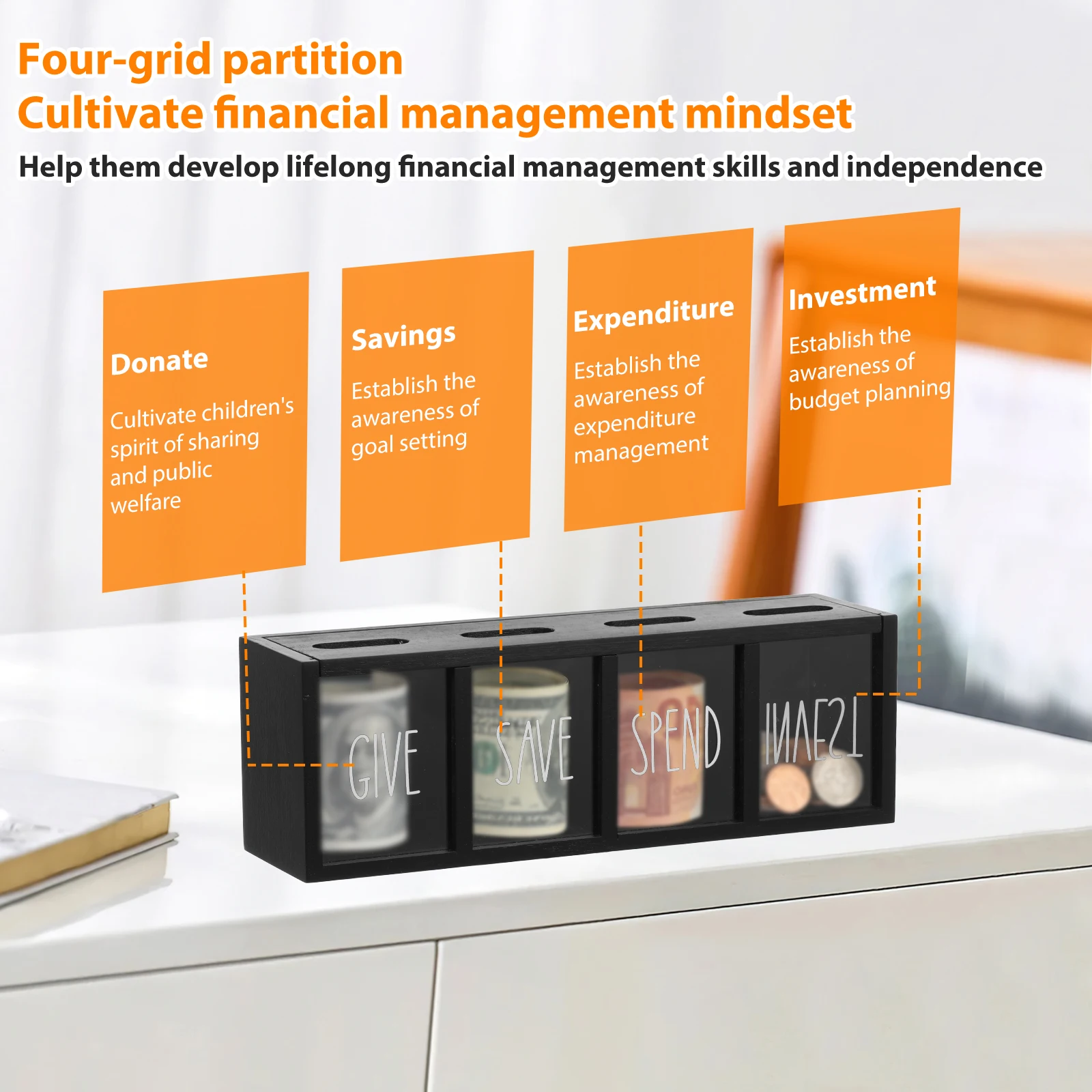 4 Grids Give Save Spend Wooden Daily Cash Piggy Bank Wall-mounted Kid Save Spend Bank with Magnetic Lid Visualized Piggy Bank