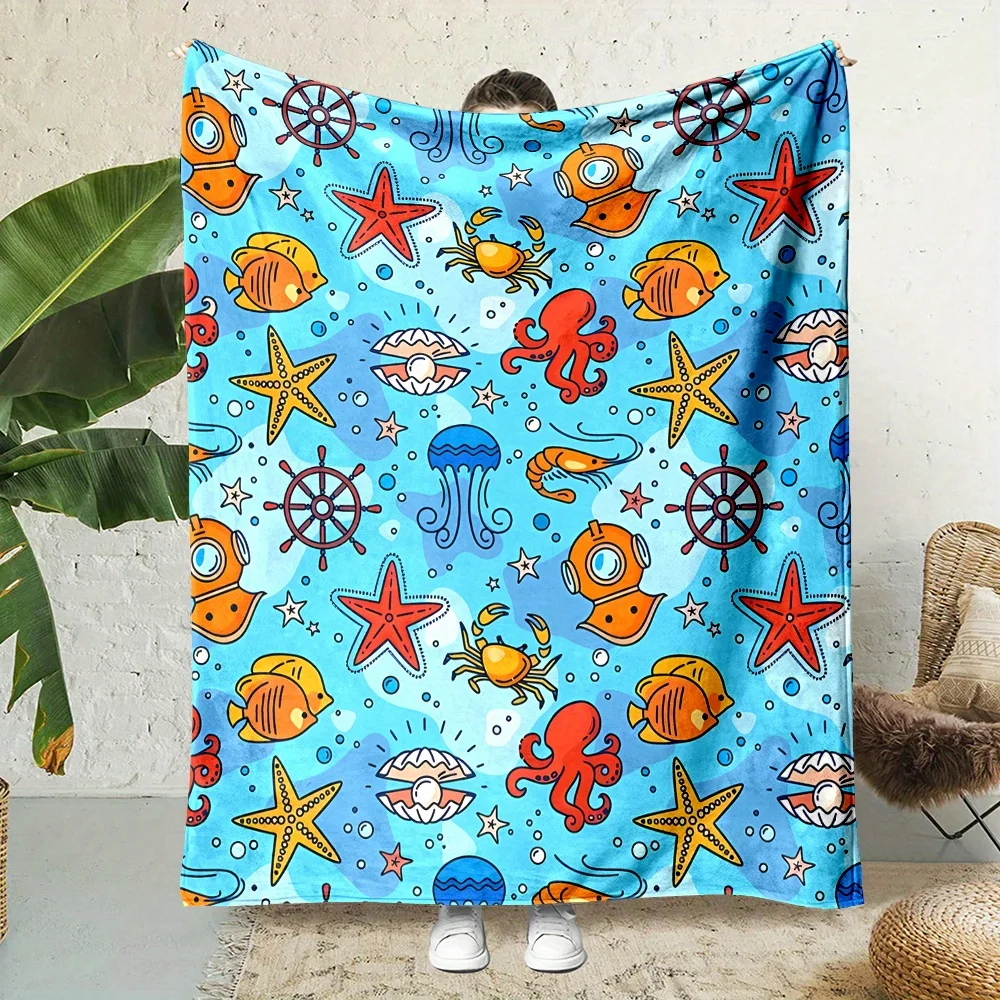 

Фланелевое одеяло для подводных приключений — двусторонний принт краба и осьминога, всесезонная мягкость для дома, офиса и подарка ​