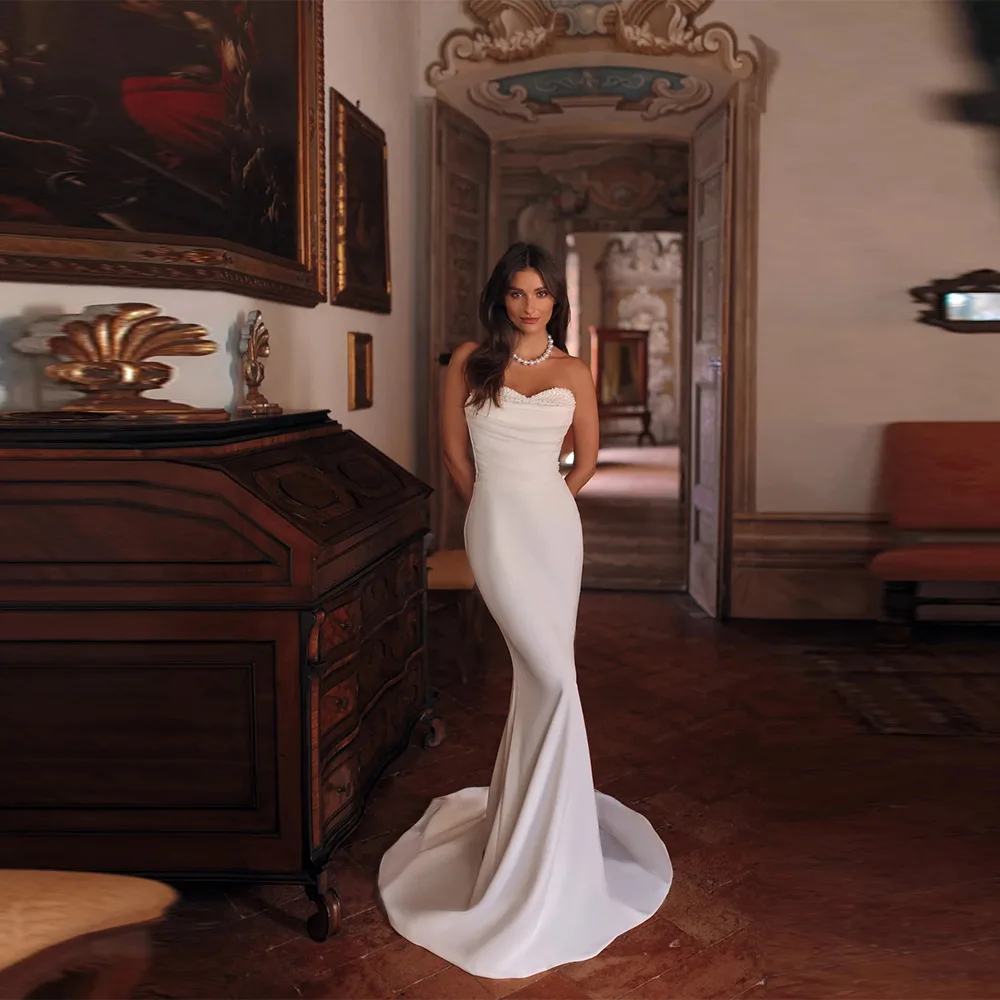 

Customized Satin Sweetheart Mermaid Wedding Dress Boho Sweap Train Classic Bridal Gowns Simple Formal Bride Dresses With Sleeves