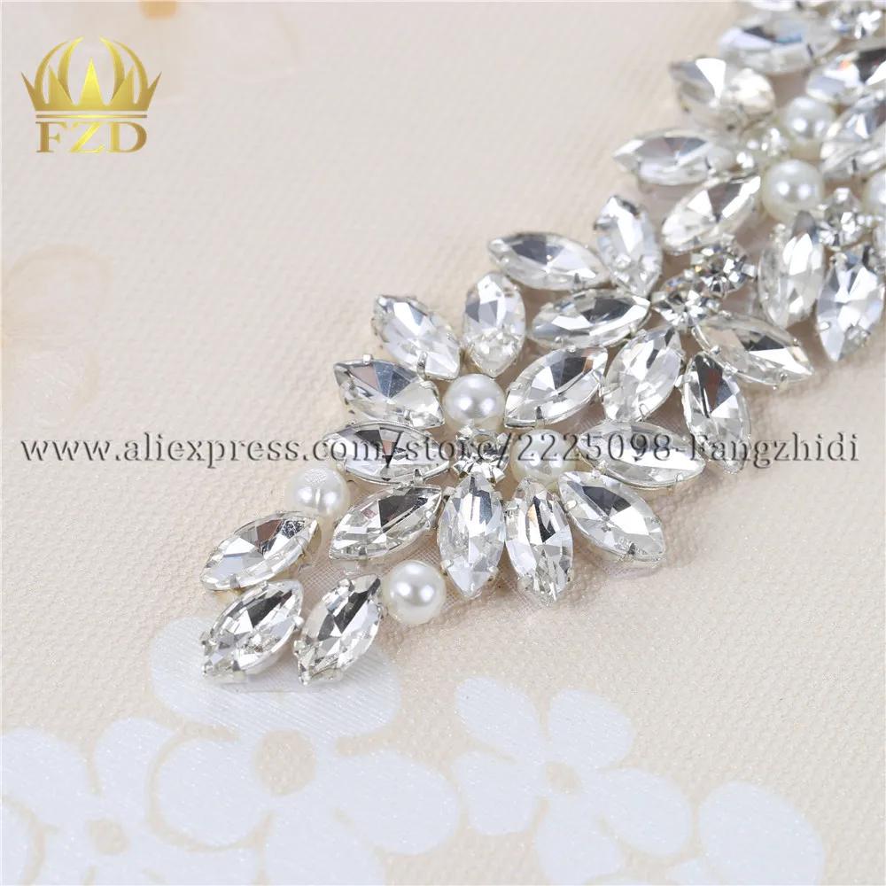 FZD 1 Piece Wedding Rhinestones Applique Crystal Hot Fix Clear Rhinestones Designs for Bridal Sash or Wristbands Crystal Stones