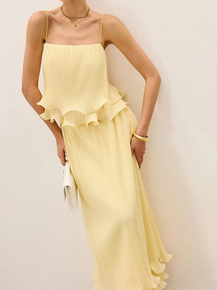 

Женский элегантный однотонный костюм без рукавов из 2 предметов, модный плиссированный комплект для вечеринок с волнистым дизайном, сексуальные топы на бретельках с открытыми плечами и полуюбка, наряды