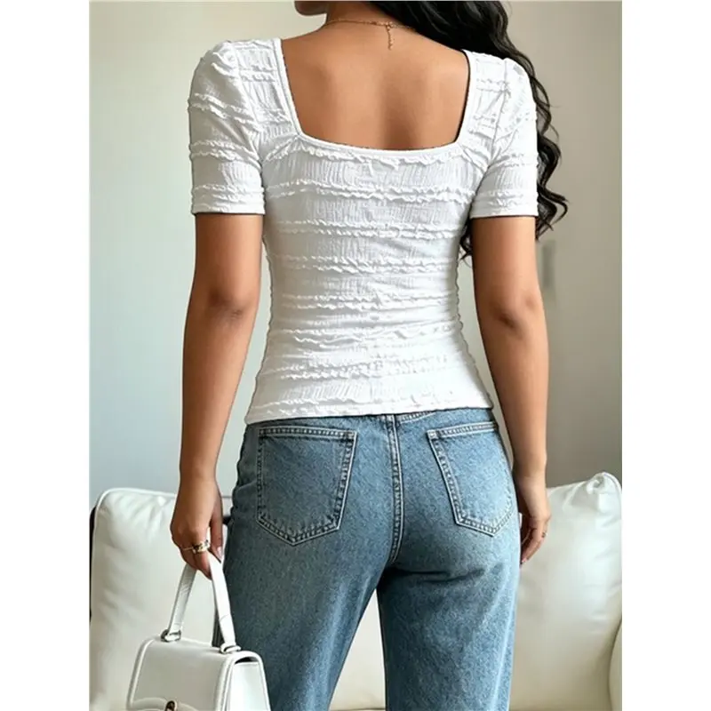 Summer Tops For Women Short Sleeve Slim Fitted Square Neck Tee Shirts Y2K Fashion Clothing White M Eco-Friendly