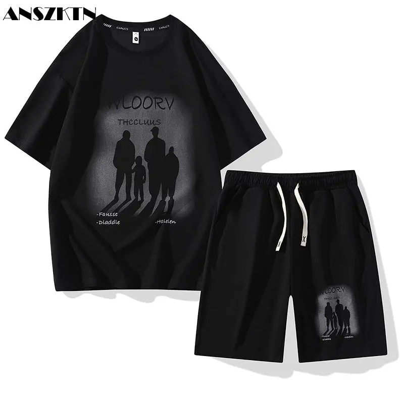 ANZKTN Summer new explosive printed round neck plus size shorts casual sports T-shirt suit