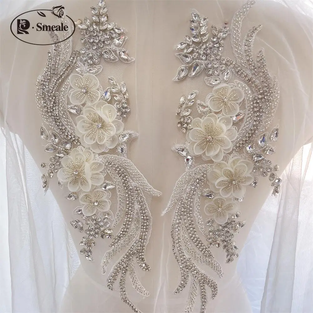 Strassapplikationen für Hochzeitskleid, Schultern, weiß, handgenäht, Glasbohrer, Spiegelblumen, funkelnd, DIY-Patch, 1Pai – Detail 2