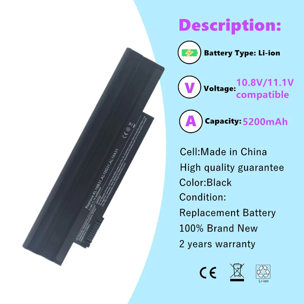 Laptop Battery For Acer AL10B31 AL10G31 D270 D260 AOD255 AOD260 522 D255 722 D255E D257 D257E D270 E100 AL10A31 ICR17/65 batteia