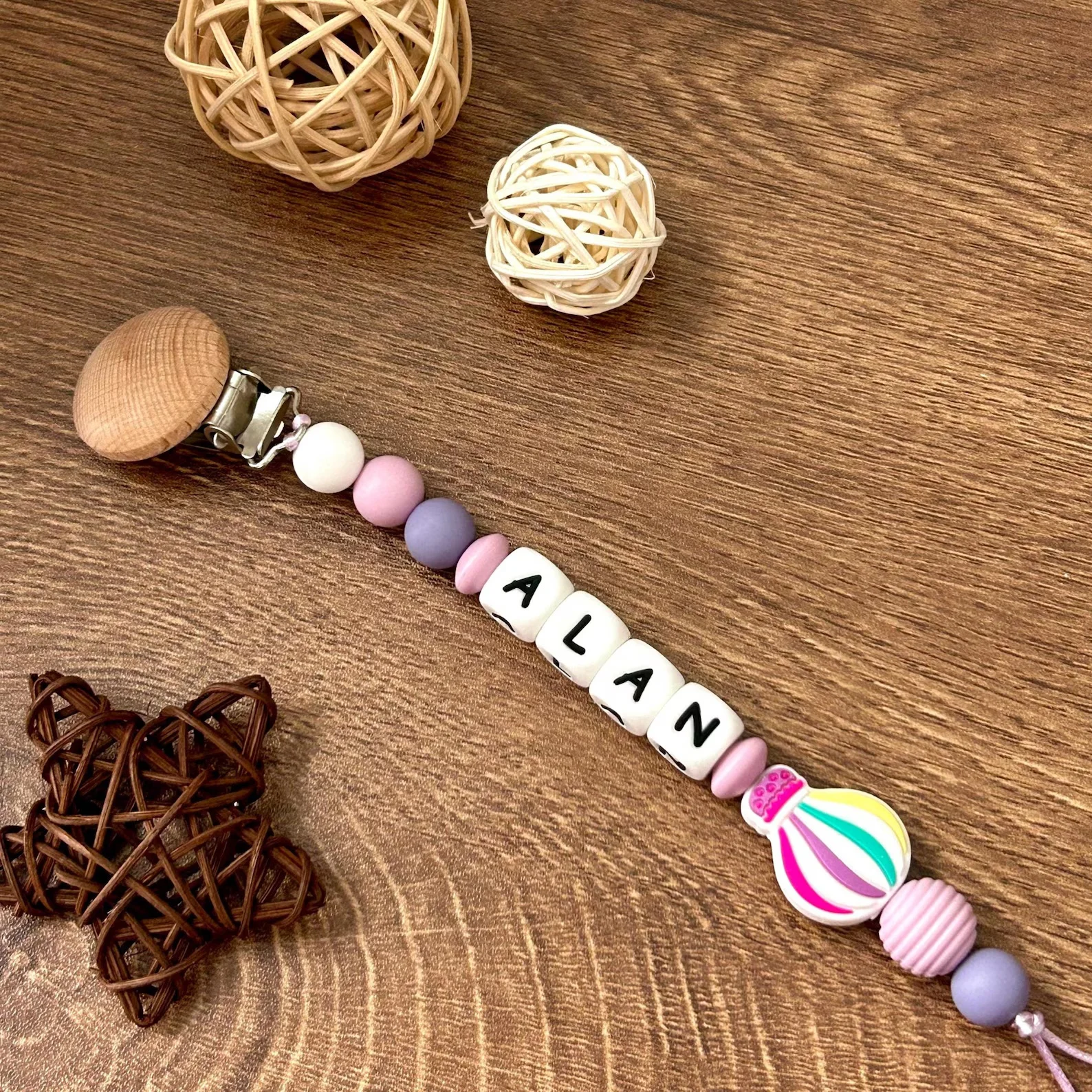 Personalized Pacifier Clip Silicone Rainbow Purple Beads with Wooden Clips Customizable Names for Baby Shower Gift image 2