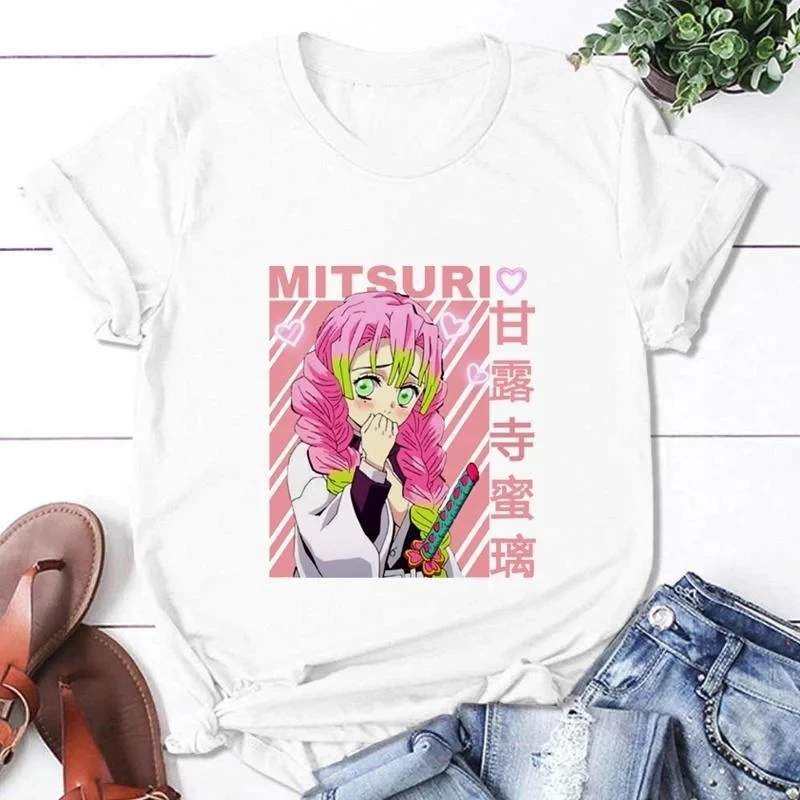 Women Demon Slayer Kanroji Mitsuri Yaiba Prints Clothes Streetwear Print Loose Tops Summer Black T-shirt Anime Cartoon T Shirt