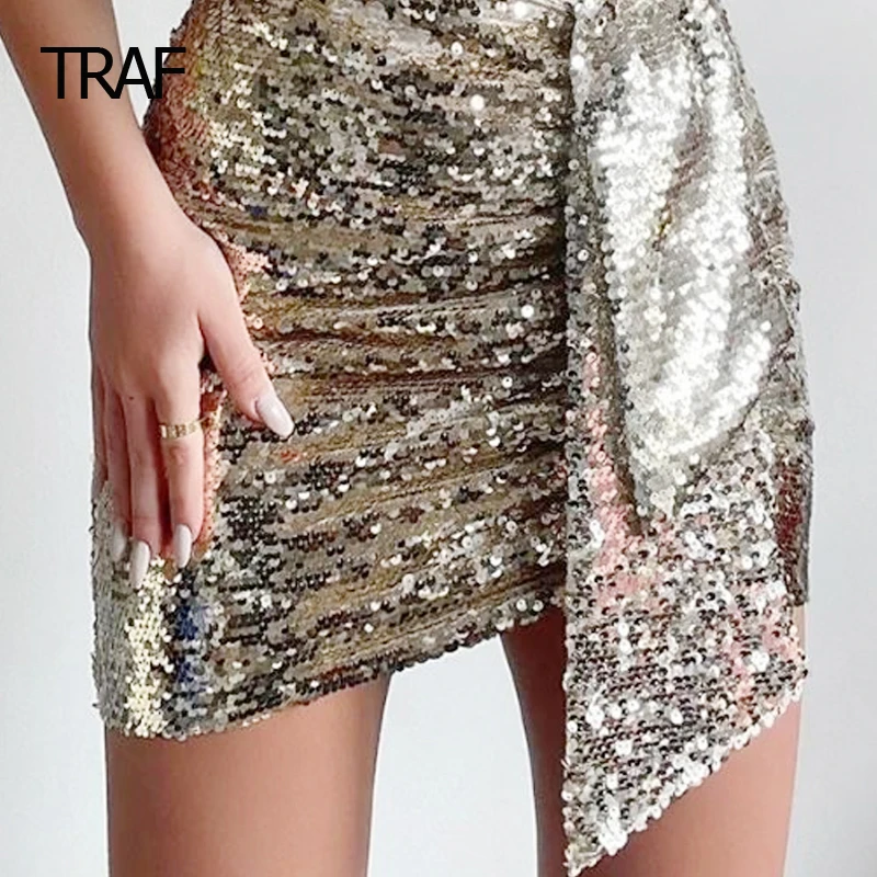 TRAF Women\'s Skirt Summer 2024 Mini Sequins Skirts High Waist Lace-Up Short Skirt New In Skirt Chic And Elegant Luxury Skirts