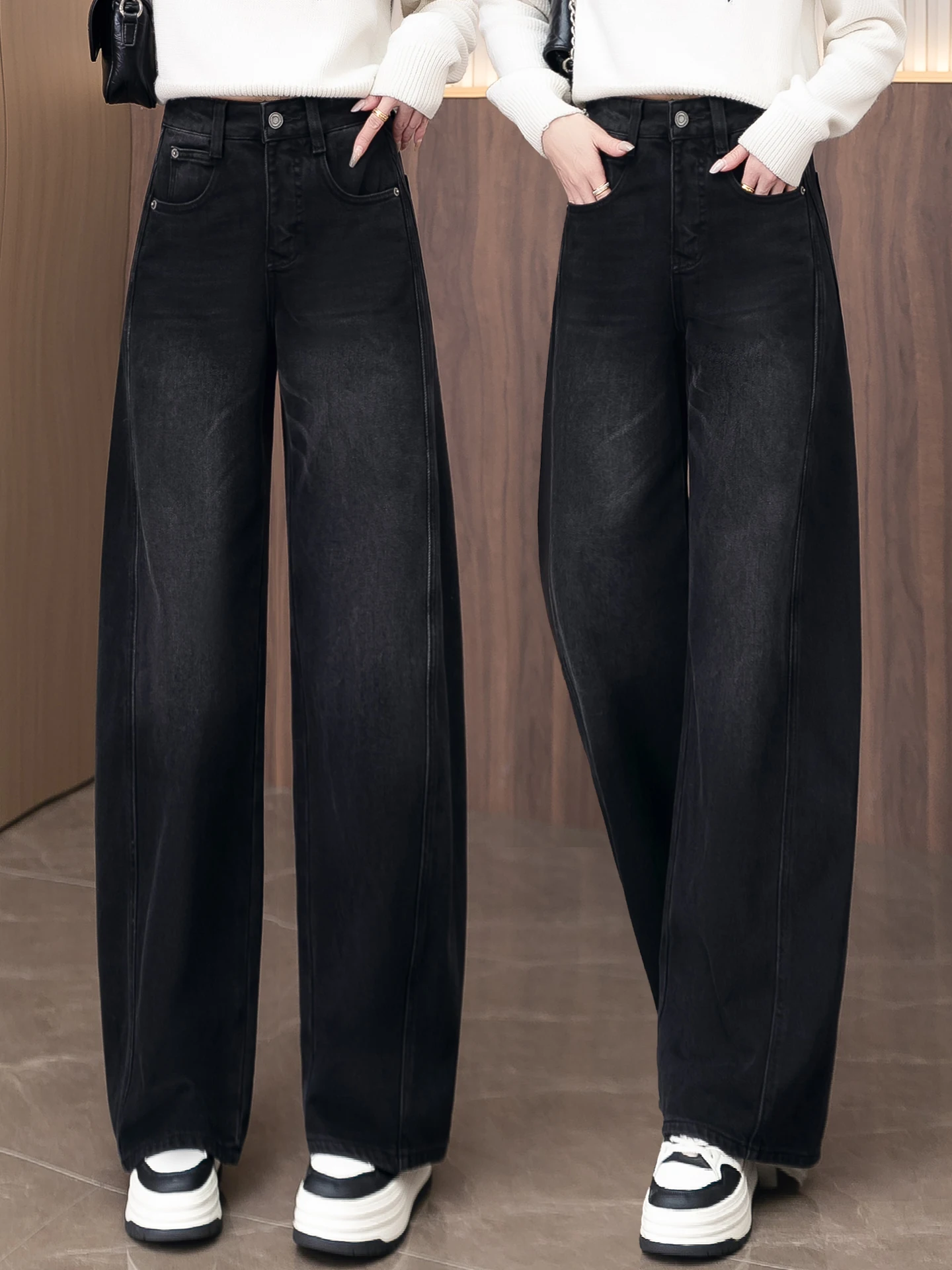 

High Waist Fleece Lined Thick Wide Leg Jeans Women's Autumn Winter New Style Slimming Knife Casual Cotton Denim Pants