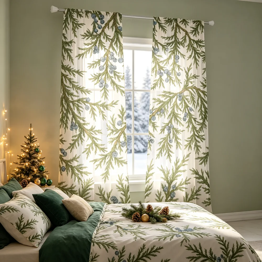 Curtain Rods - 2 stuks kerstgordijnen, groene jeneverbes- en