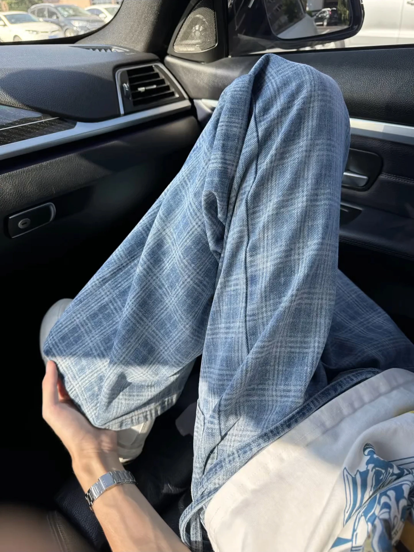 

Light Blue Plaid Men's Summer Thin American Sle Loose Straight Leg Jeans Wear Resistant Youth Faion Mid-Low Waist Design