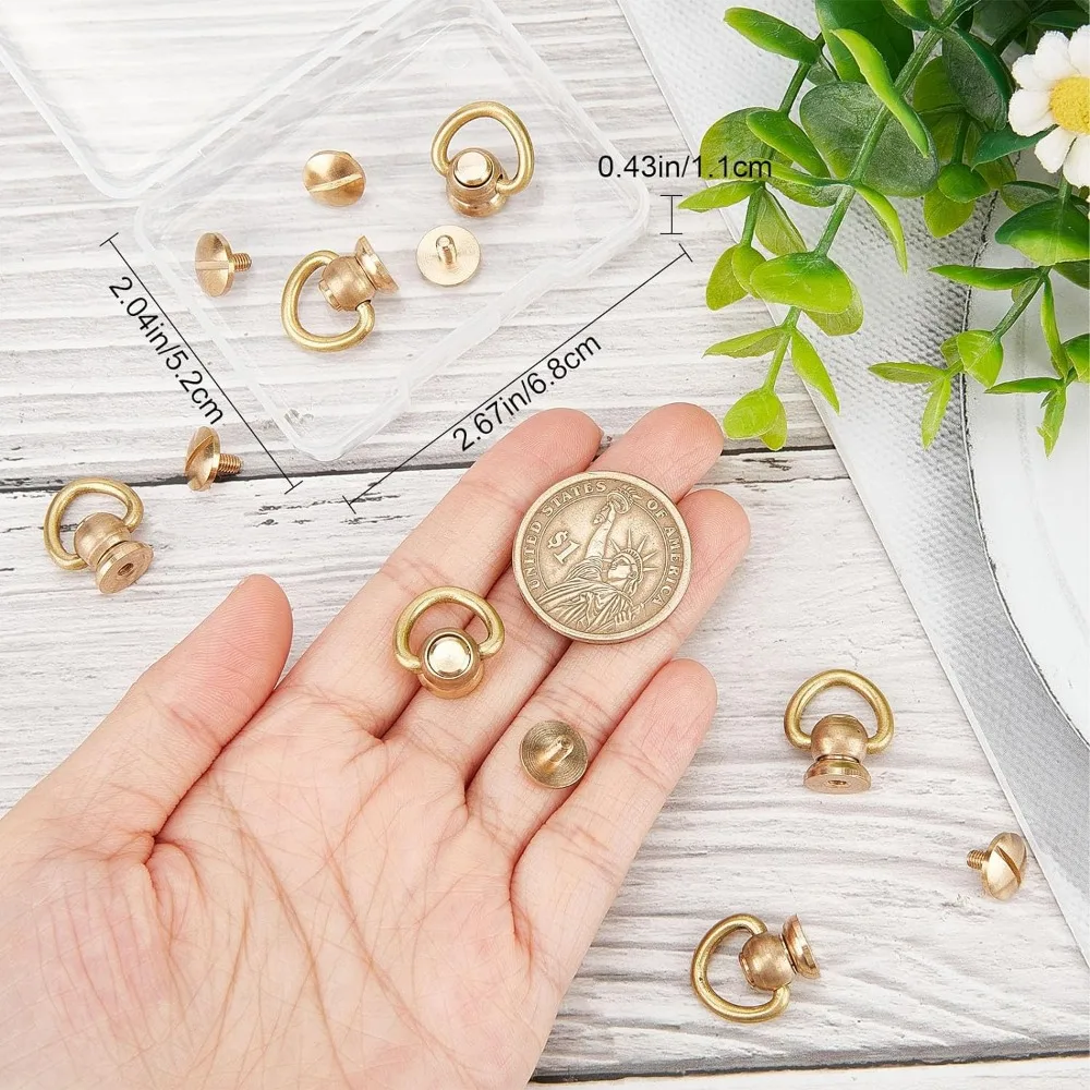 6PCS Brass Ball Studs Rivets D Ring 360 Degree Rotatable Ball Post Head Buttons Screw Buttons Rivets Nails Chicago Stud Screw