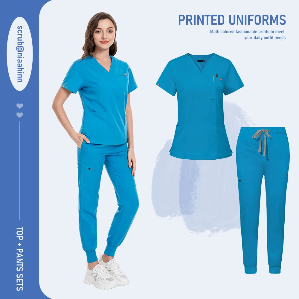 Niaahinn Uniform Schönheitssalon Haustier Krankenhaus Medizinisches Peeling Krankenpflege Krankenschwester Peeling V-Ausschnitt Tops Scrub Jogger Sets Hochwertige Uniformen – Detail 12