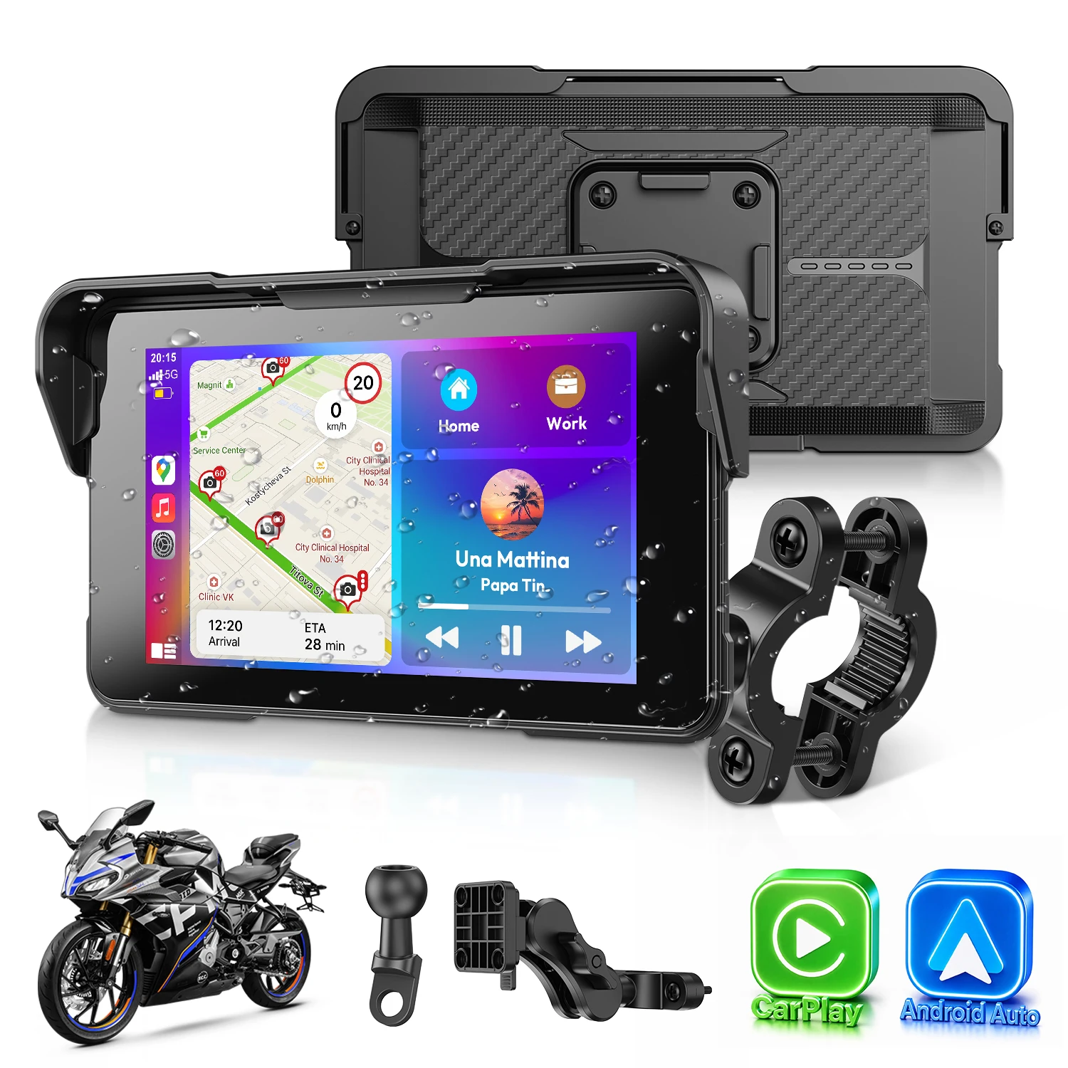 ESSGOO 5 Zoll Carplay Tragbares Motorrad-Navigationsgerät GPS Drahtloses Carplay Android Auto IP67 Tragbarer Motorrad-Monitor Bildschirm
