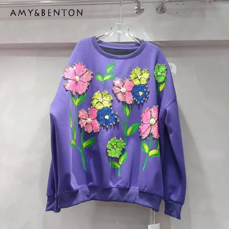 

2024 Autumn And Winter Heavy Industry Flower Sequin Sticker Diamond Loose Pullover Fashion Sweatshirt Skinny Premium Top Hoodies