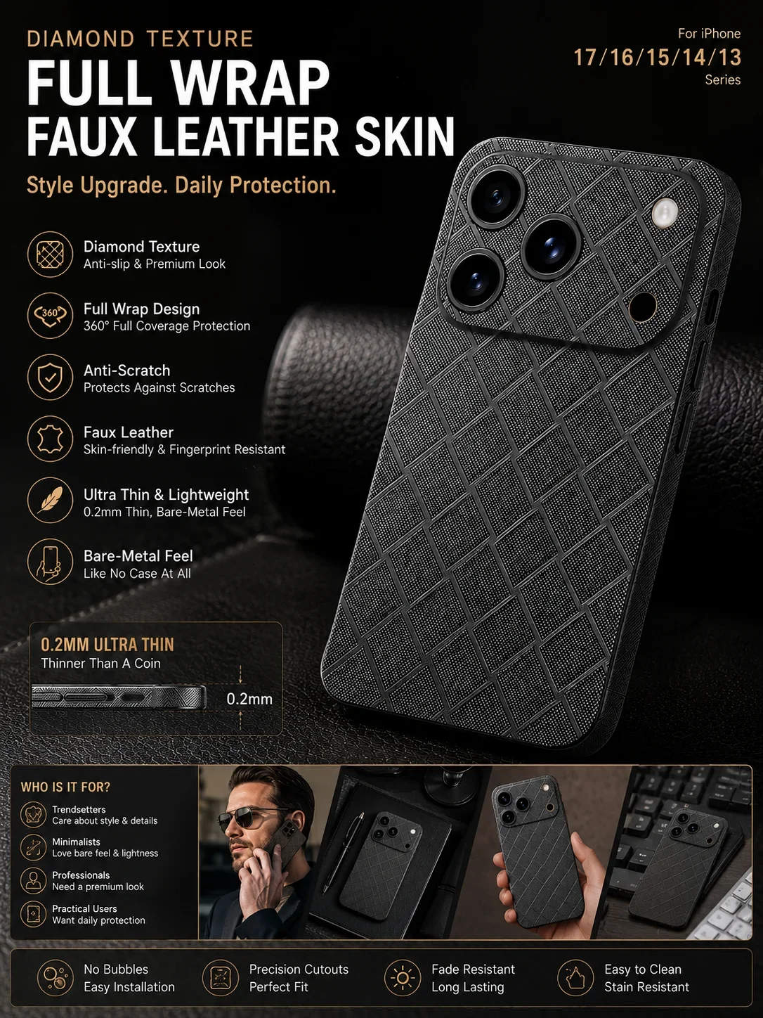 Vollflächige Kunstleder-3D-Prägung Rückseitenfolie für iPhone 17 16 15 14 13 Pro Max Kratzfester Rückseitenschutzfilm Aufkleber