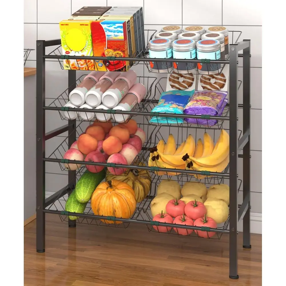 

4-Tier Kitchen Storage Rack, Metal Pantry Storage Stand, ruit Basket Stand with 8 ruit Vegetable Baskets, reestanding Snack
