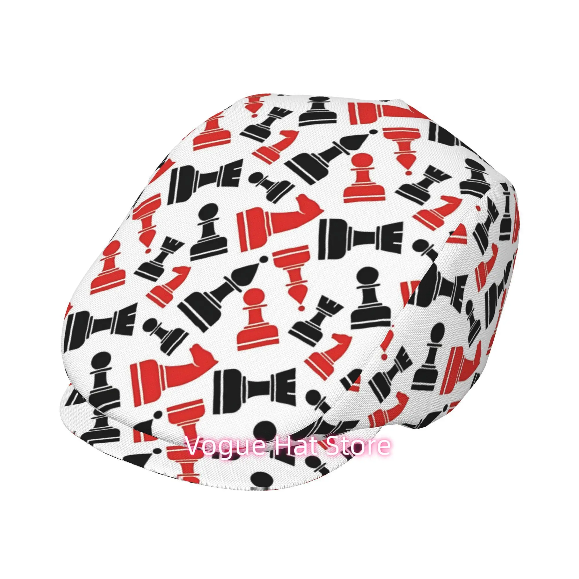 1pc Red and Black national chess art All-over printed beret,  newsboy cap, unisex, a must-have fashion accessory for outdoor lei