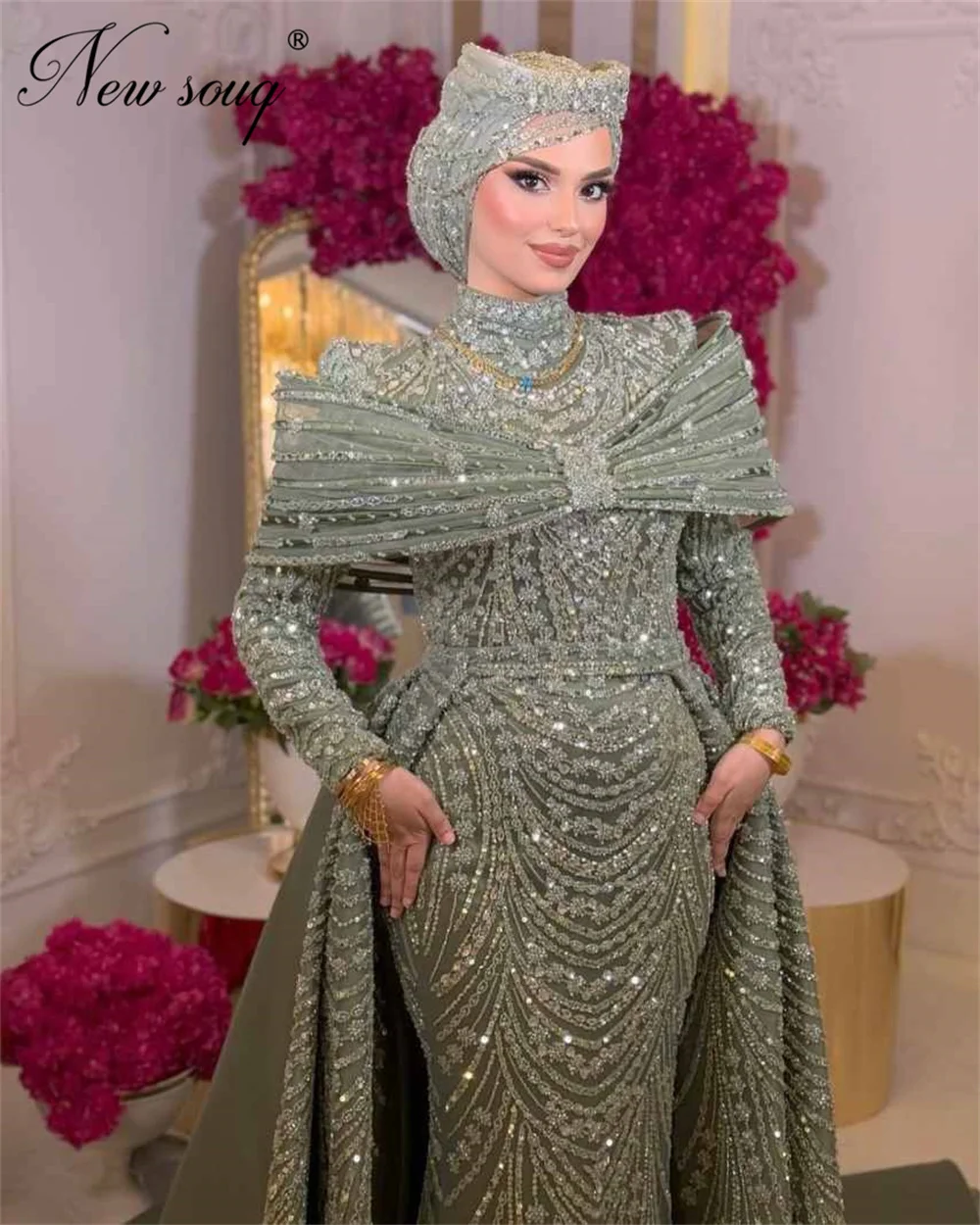 Árabe muçulmano mangas compridas vestidos de noite com saia destacável luxo sage verde miçangas vestidos de festa de casamento personalizado baile