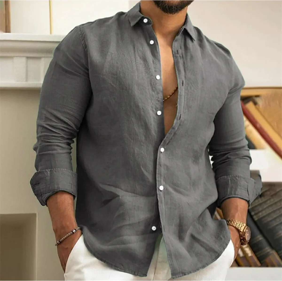 

2024 Cotton Hemp Hot sell men's long sleeve shirt summer solid color lapel casual beach style