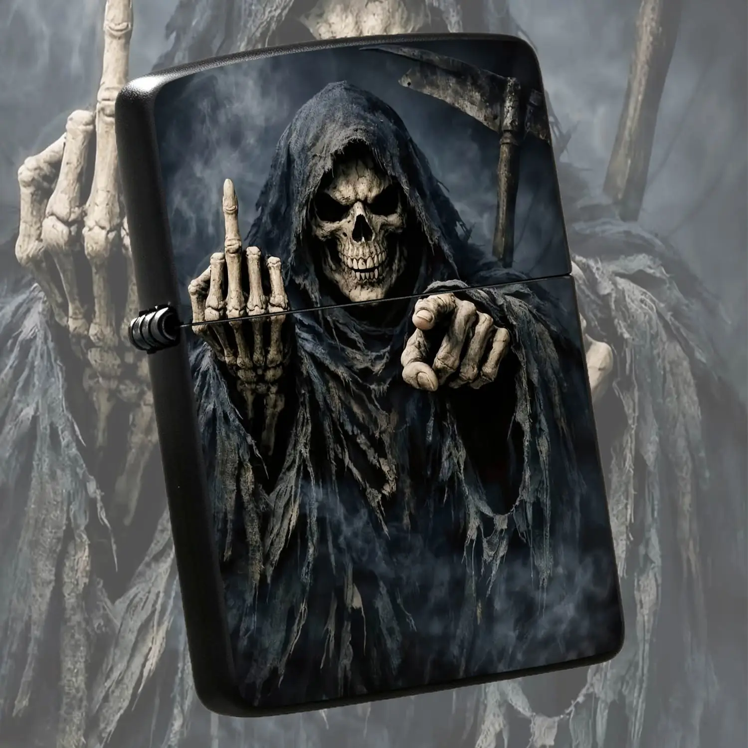 Dark Grim Reaper Design Lighter, Spooky Gothic Style Portable Ignition Device, Full Scenario Usable Cool Accessory, Unique Halloween Themed Gift, Mysterious Smoky Atmosphere Decor, Wear-Resistant Delicate Pattern, Daily Carry Ignition Tool