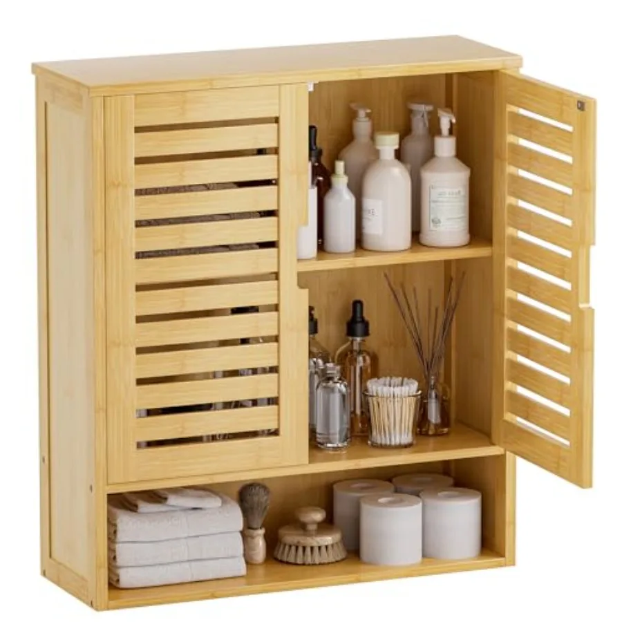 

Bathroom Cabinet Wall Mounted Bamboo Over-The-Toilet Storage Organizer Space Saver Medicine Cabinet with 2 Doors and Adjustable