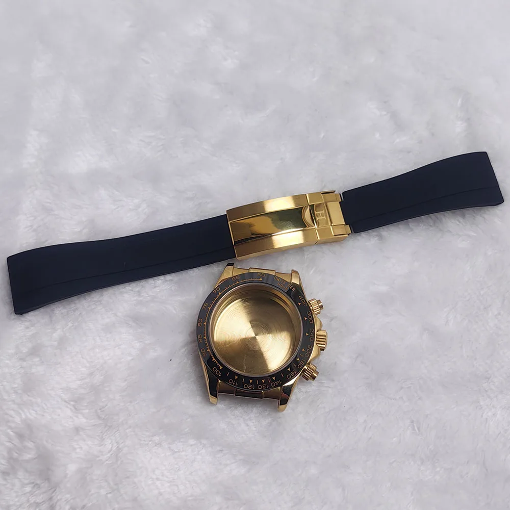 Caja de acero inoxidable dorada para reloj de 39,3 MM, hebilla deslizante dorada de goma suave negra para piezas de montaje de reloj de movimiento vk63