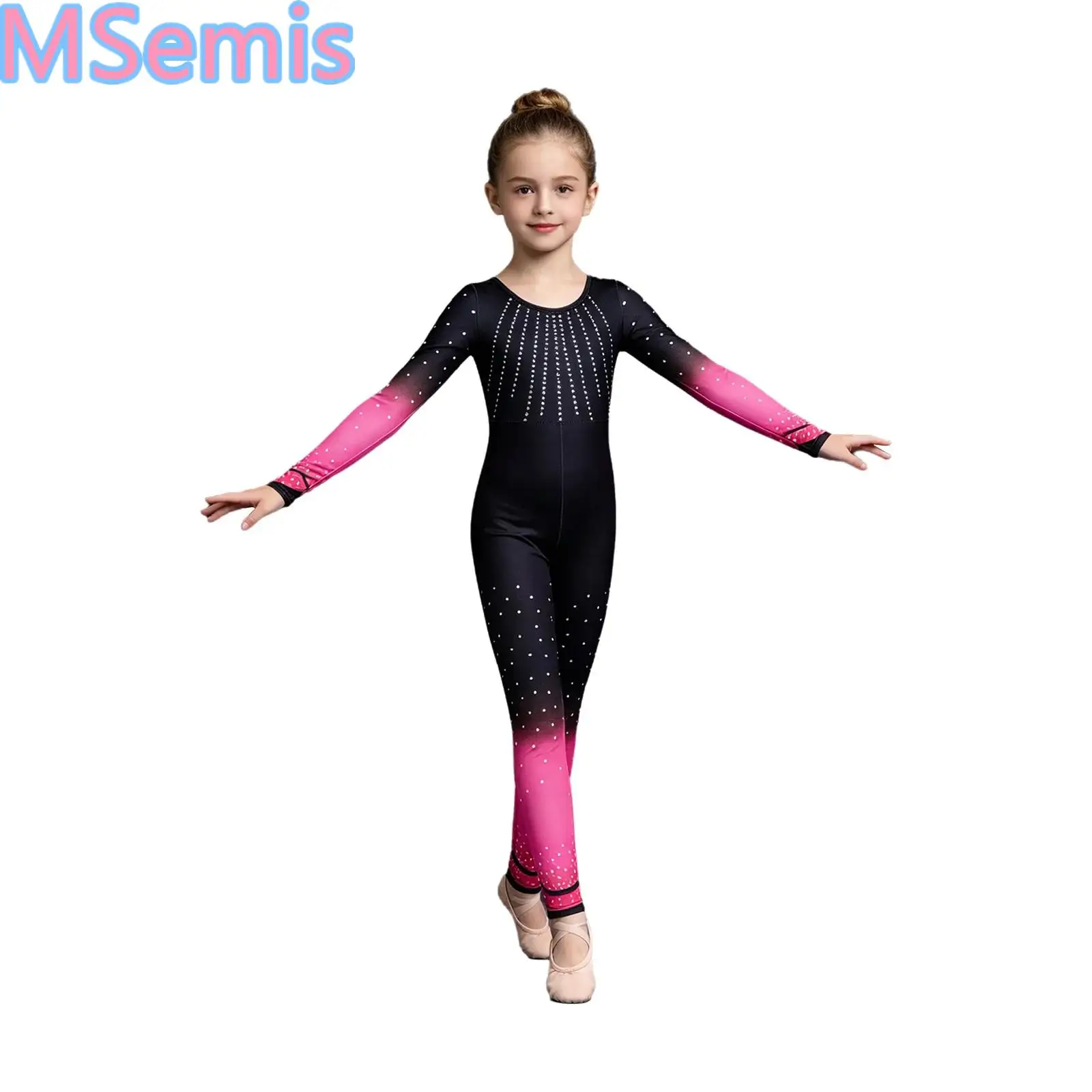 Kids Girls Dots Print Gymnastics Figure Skating Yoga Jumpsuits Long Sleeve Cutout Back Full Length Bodysuits Sports Dancewear