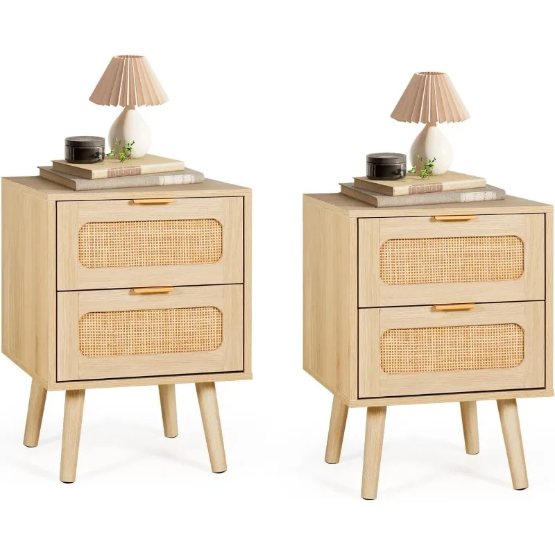 Set of 2 Nightstands Wooden Night Stands with Rattan Drawers Home Bedside End Table for Bedroom (2 Drawers Design)