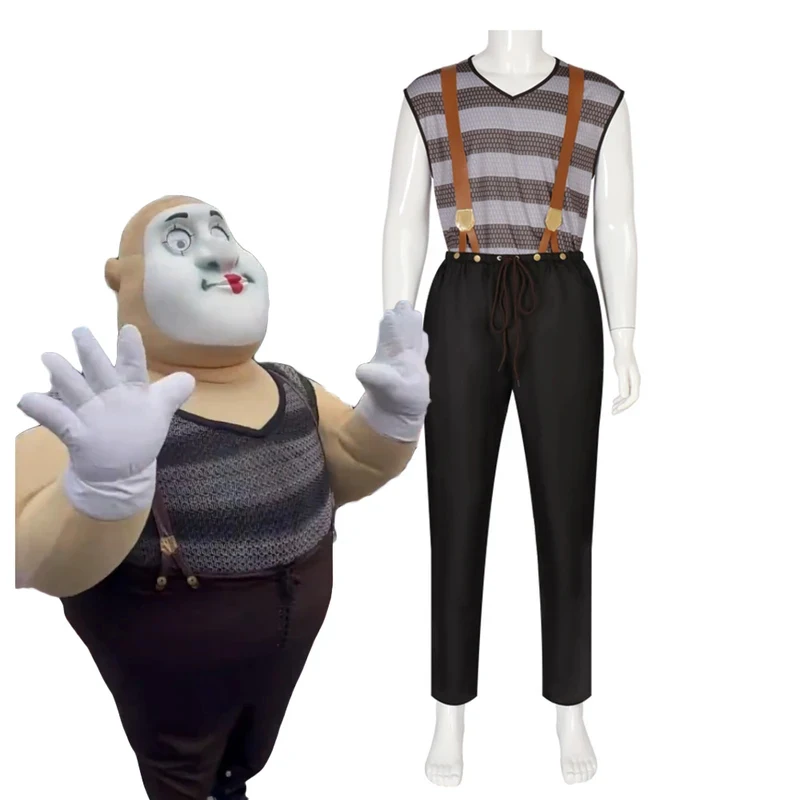 

ABC123Ulf Cosplay Funny Fat Clown Costume Grey Striped Sleeveless T-shirt Black Overalls Set Halloween for Man3'd,5;h.9/